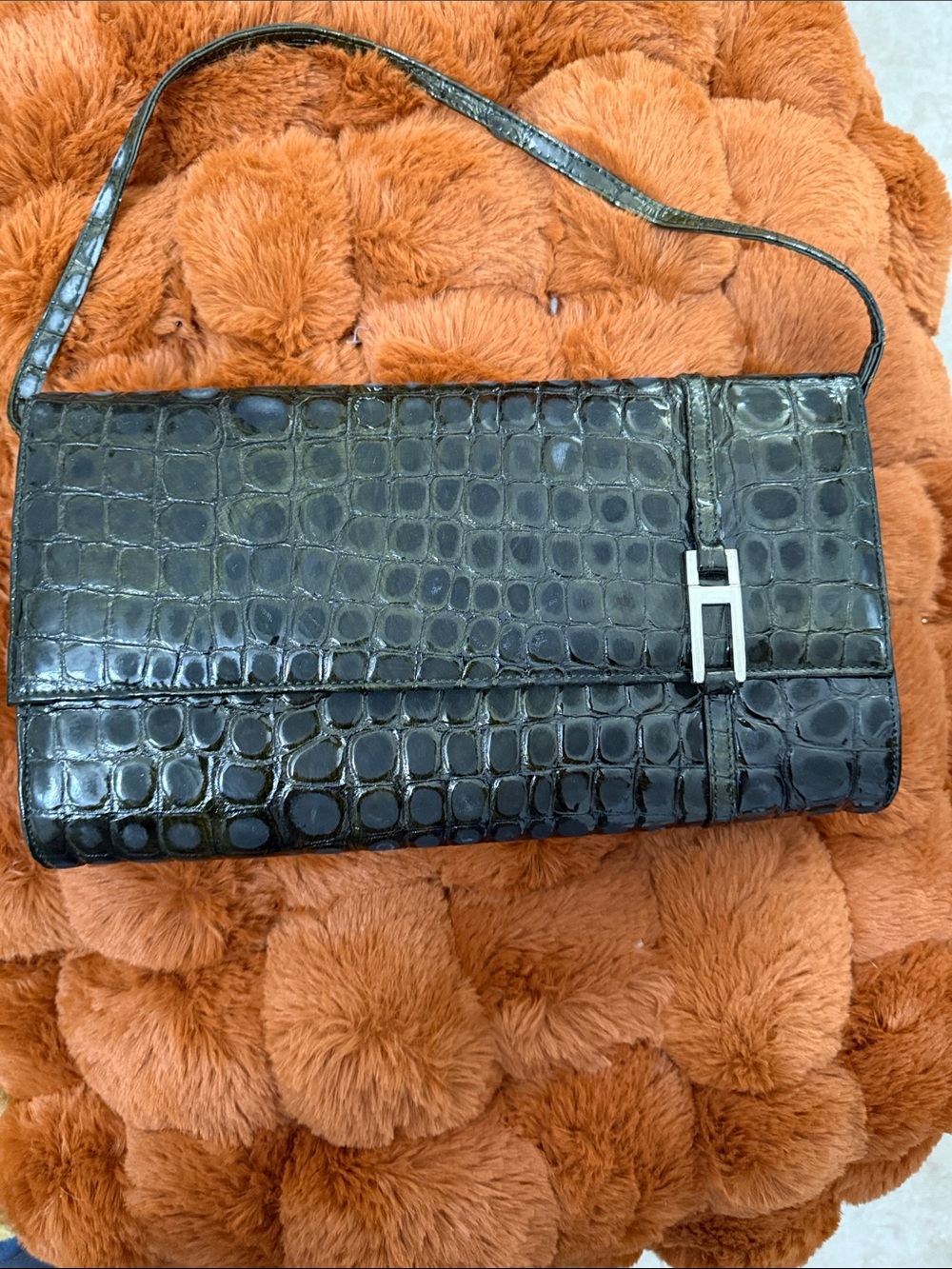 Black Croc-Embossed Shoulder Bag with Silver Hardware